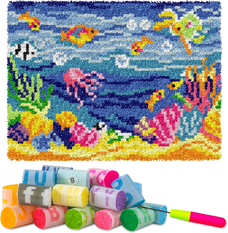 YP Underwater World Latch Hook Rug Kit - 20x15 Inch Ocean-Themed Needlework Craft, Beginner-Friendly Crochet Rug with Pre-Cut Yarn for Kids’ Creativity & Home Decoration - Image 1